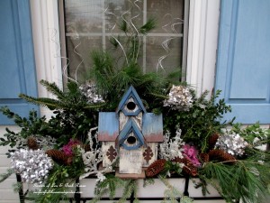 Winter birdhouse window box with touches of silver, white and blue for Chanukah