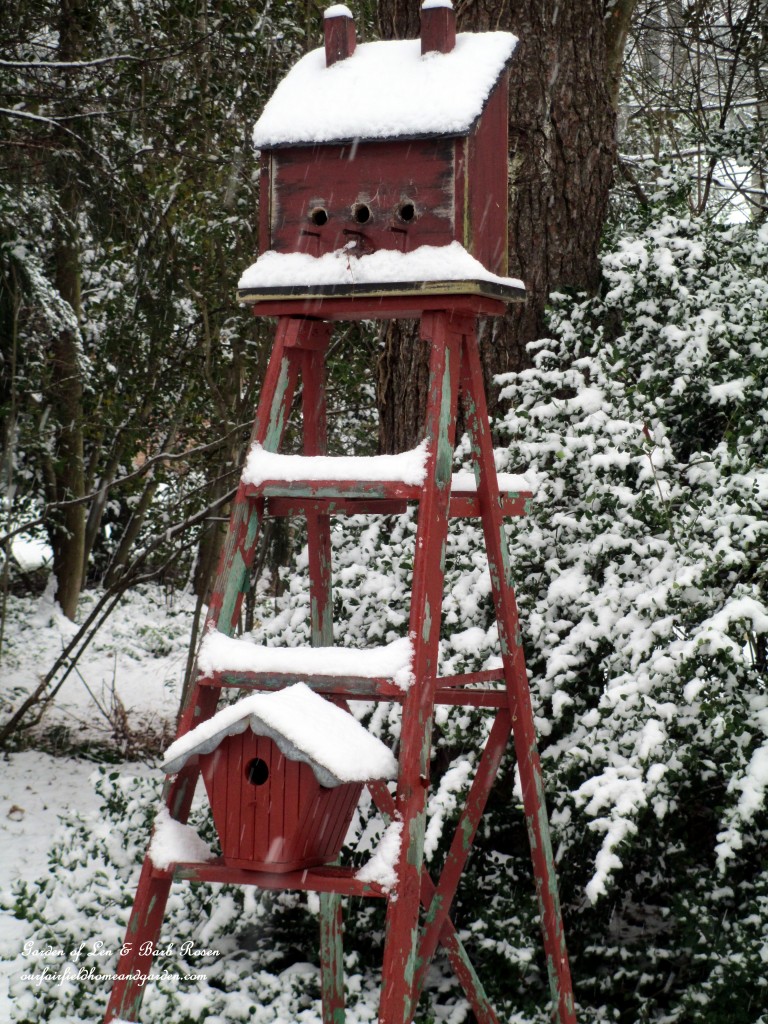 Snow-topped Ladder Birdhouses https://ourfairfieldhomeandgarden.com/winter-wonderland-it-finally-snowed/