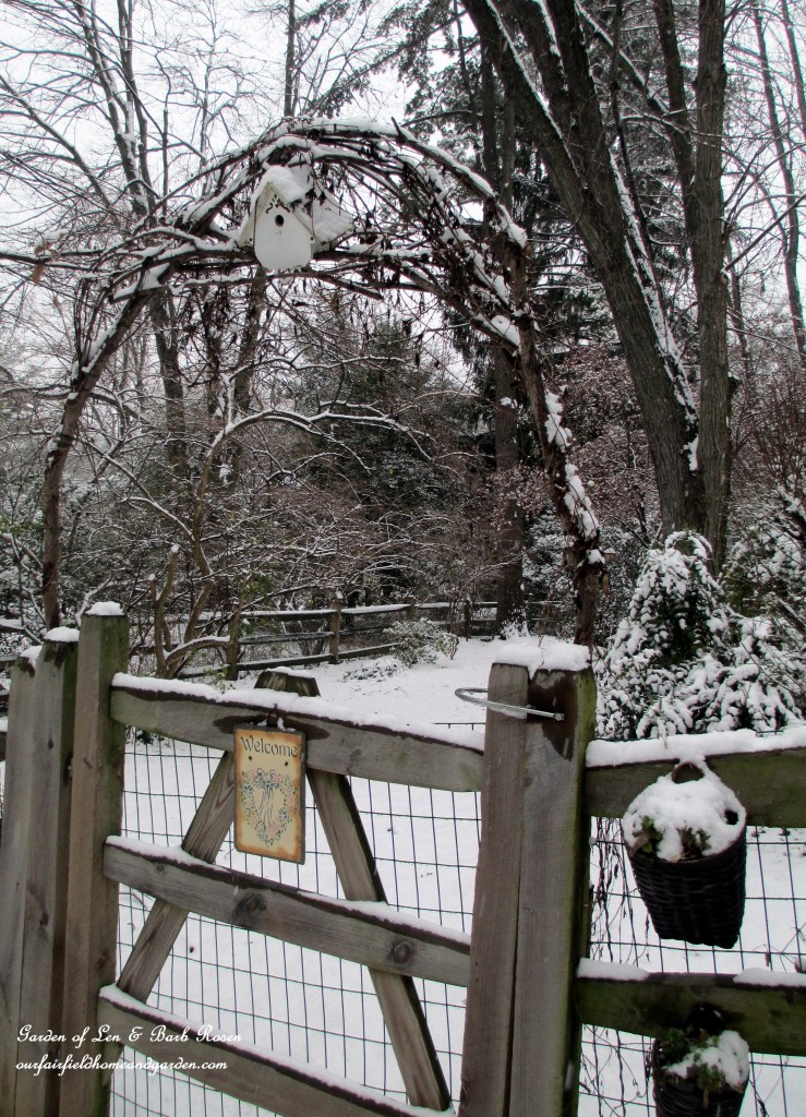 Back fence arbor https://ourfairfieldhomeandgarden.com/winter-wonderland-it-finally-snowed/