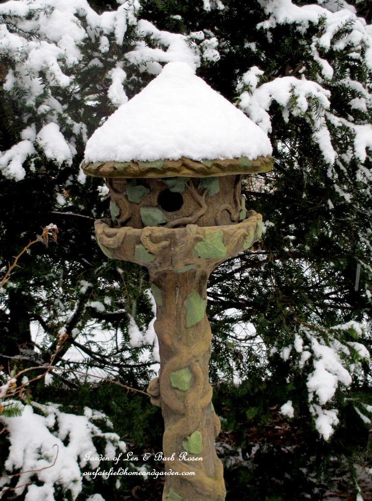 Concrete Birdhouse with a snow-covered roof https://ourfairfieldhomeandgarden.com/winter-wonderland-it-finally-snowed/