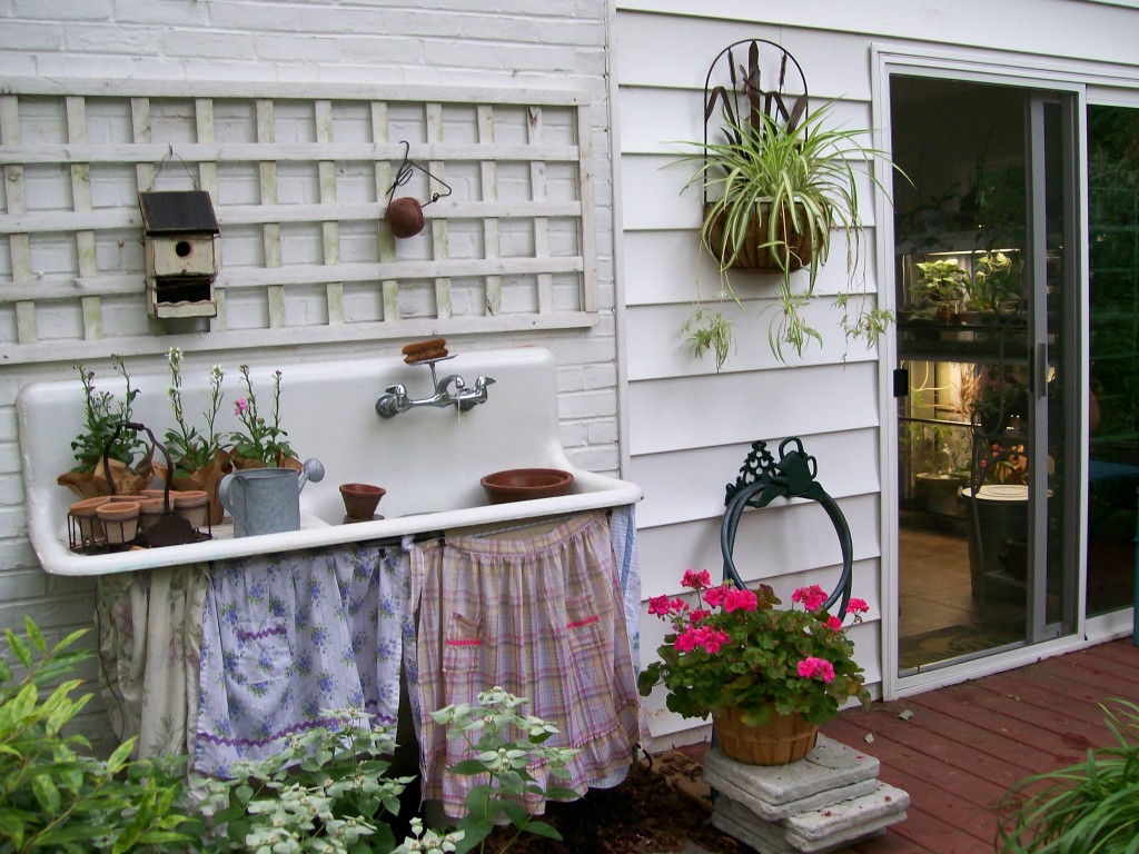 Outside the Garden Room ~ deck and potting sink https://ourfairfieldhomeandgarden.com/my-winter-sanctuary-scenes-from-a-garden-room/