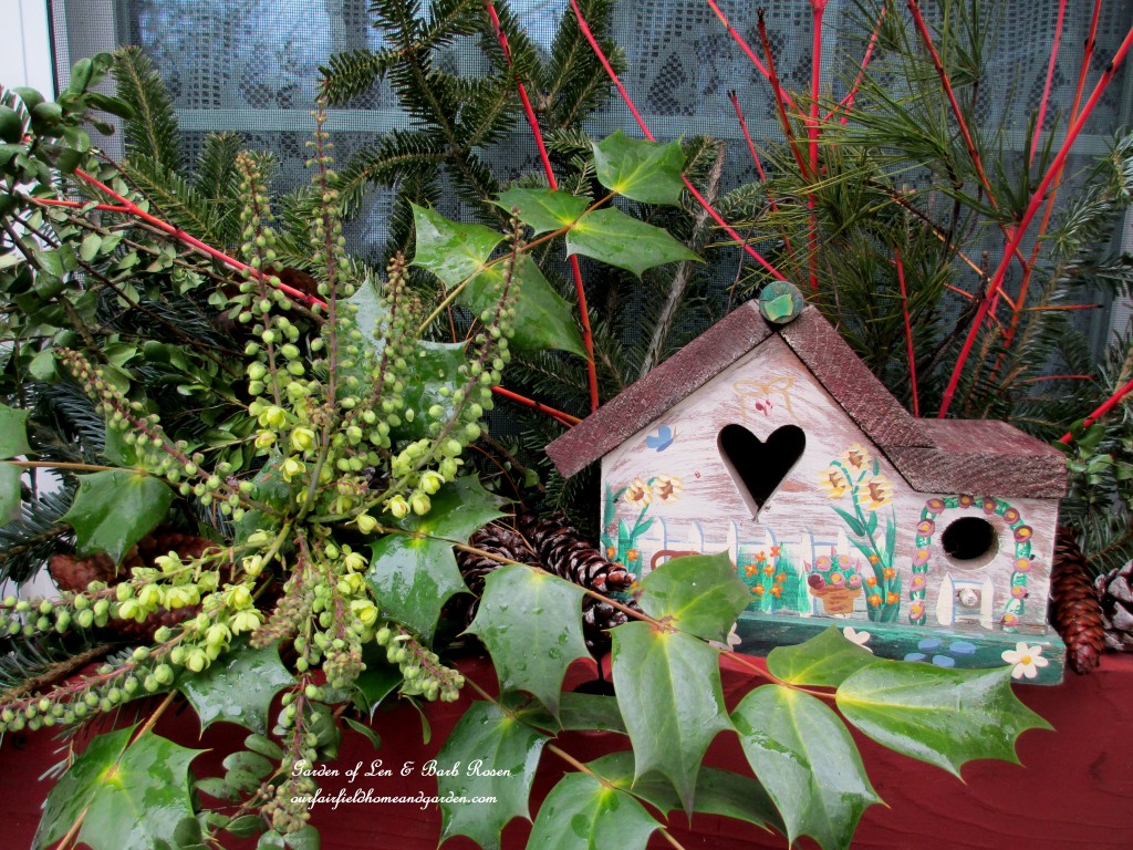 Little heart birdhouse in the kitchen deck window box https://ourfairfieldhomeandgarden.com/heart-home-valentines-day-is-coming/