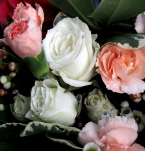white spray roses & peach carnations