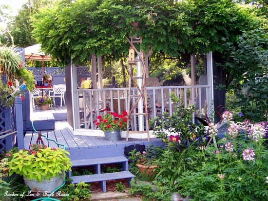 Gazebo & back deck in summer https://ourfairfieldhomeandgarden.com/a-trip-down-memory-lane-my-former-garden/