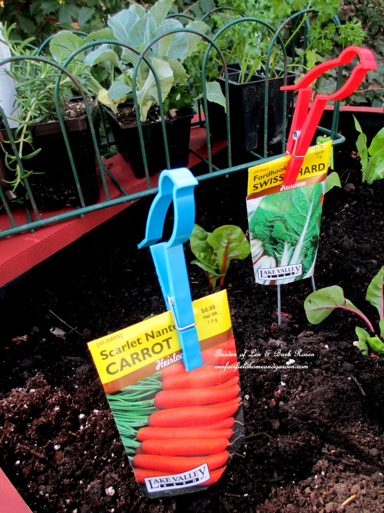 Dollar Store bird clips hold the seed packets in place https://ourfairfieldhomeandgarden.com/diy-project-raised-beds-for-free/