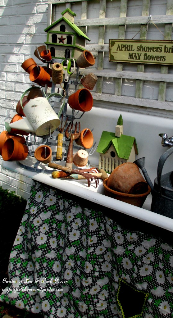 The Potting Sink sporting her new apron skirt sewn by my dear friend, Renee! https://ourfairfieldhomeandgarden.com/let-the-gardening-begin/