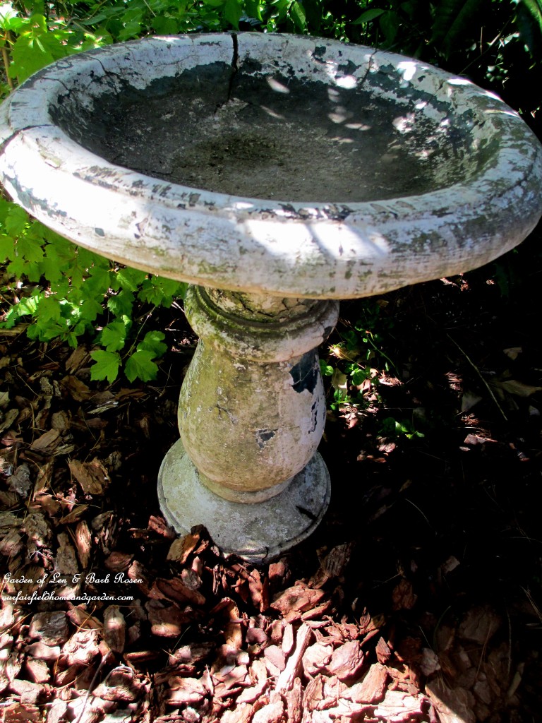 One very shabby chic cracked birdbath! https://ourfairfieldhomeandgarden.com/diy-project-mothers-day-fairy-garden/