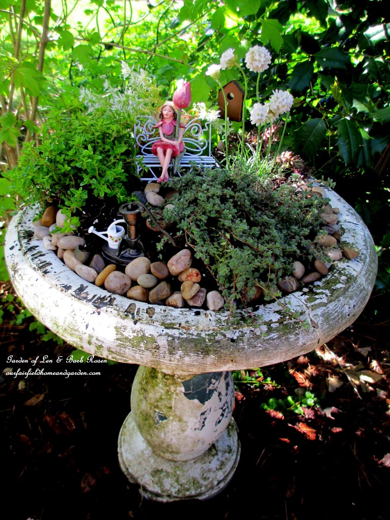 Completed Fairy Garden ~ a perfect Mother's Day gift! https://ourfairfieldhomeandgarden.com/diy-project-mothers-day-fairy-garden/
