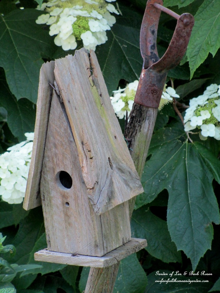 rustic birdhouse https://ourfairfieldhomeandgarden.com/garden-walk-july-1st/