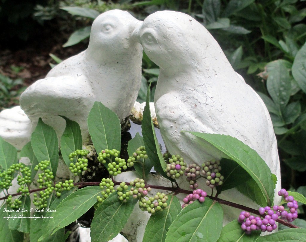 Birdbath Fountain & Beautyberry https://ourfairfieldhomeandgarden.com/its-all-about-the-birds-birdfeeders-birdbaths-and-birdhouses-in-our-garden/
