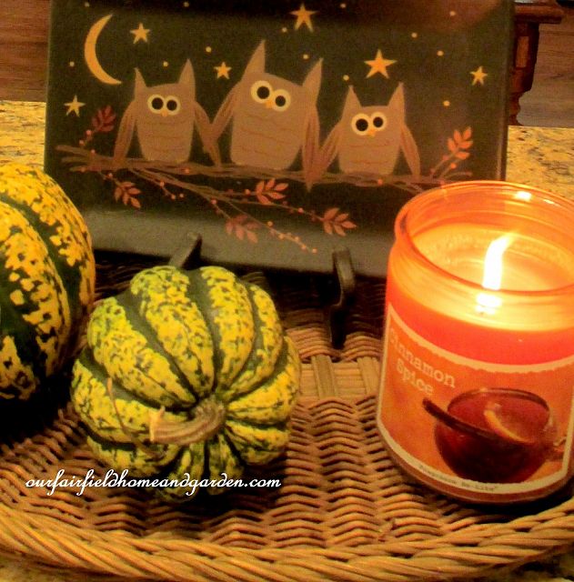 Little owl tray, gourds and a scented candle in our Fall kitchen. https://ourfairfieldhomeandgarden.com/autumn-garden-accents-inside-and-out/