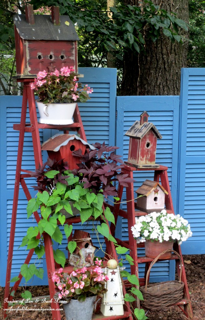 Birdhouse Ladders https://ourfairfieldhomeandgarden.com/salvaged-the-32-shutter-challenge-repurposing-shutters-in-the-garden/