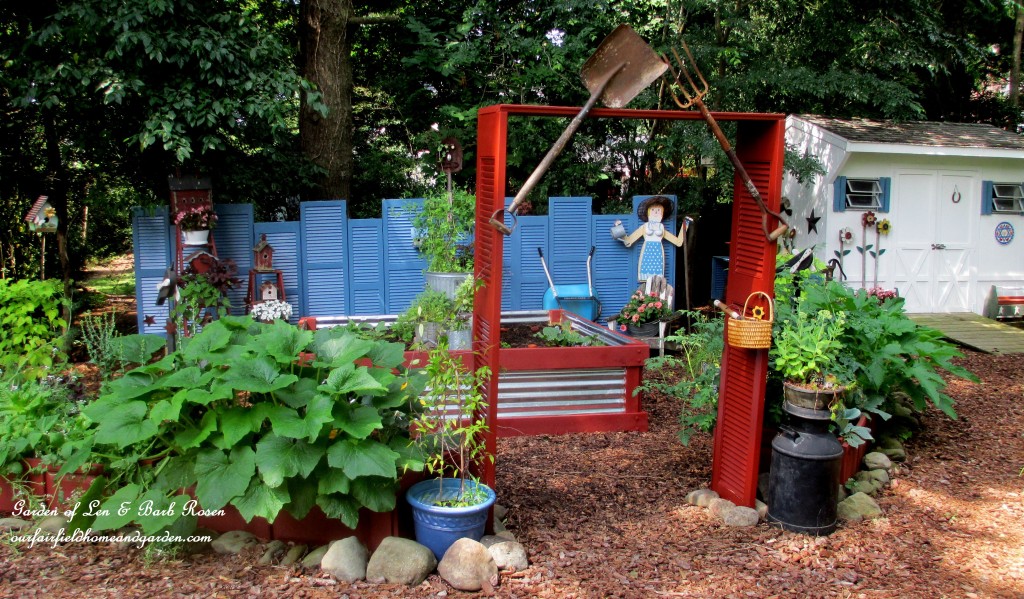The Shutter Garden https://ourfairfieldhomeandgarden.com/salvaged-the-32-shutter-challenge-repurposing-shutters-in-the-garden/