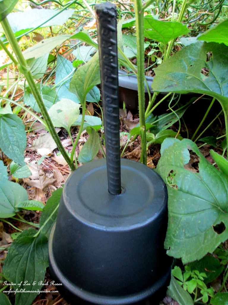 Rebar anchor for Bowling Ball Garden Accent https://ourfairfieldhomeandgarden.com/diy-project-bowling-ball-garden-accent/