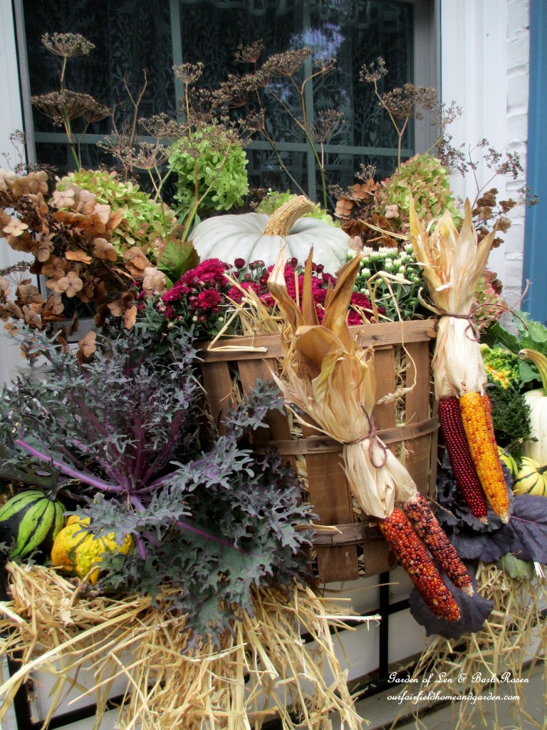 Fall Windowbox ~ Harvest Bushel Basket https://ourfairfieldhomeandgarden.com/fall-outdoor-decor-our-fairfield-home-and-garden/