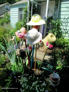 Garden Hats as garden accents! https://ourfairfieldhomeandgarden.com/unexpected-garden-accents/