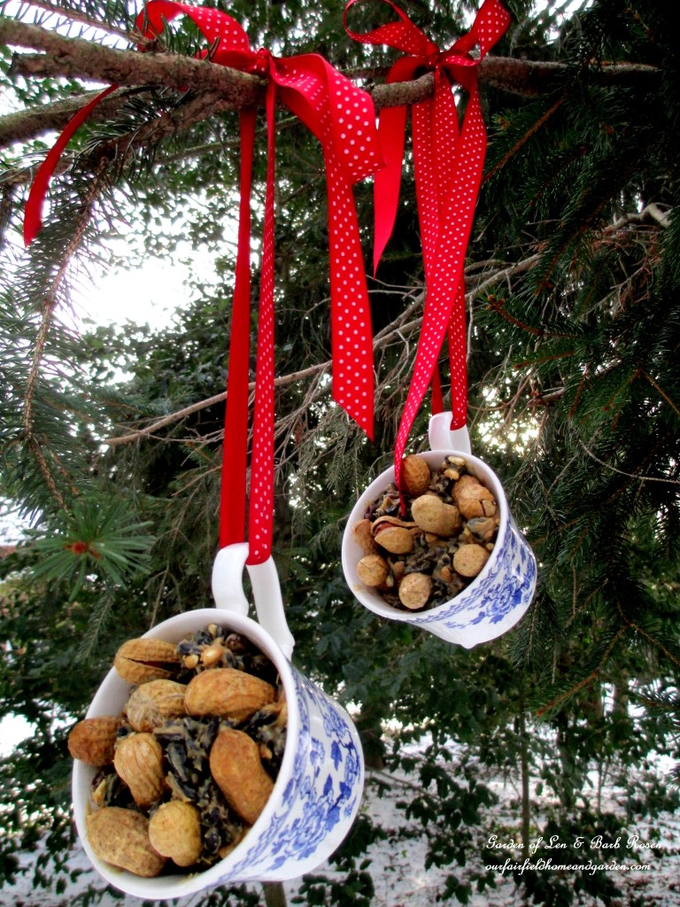 Teacup Birdfeeders https://ourfairfieldhomeandgarden.com/birdfeeders-use-what-you-have/