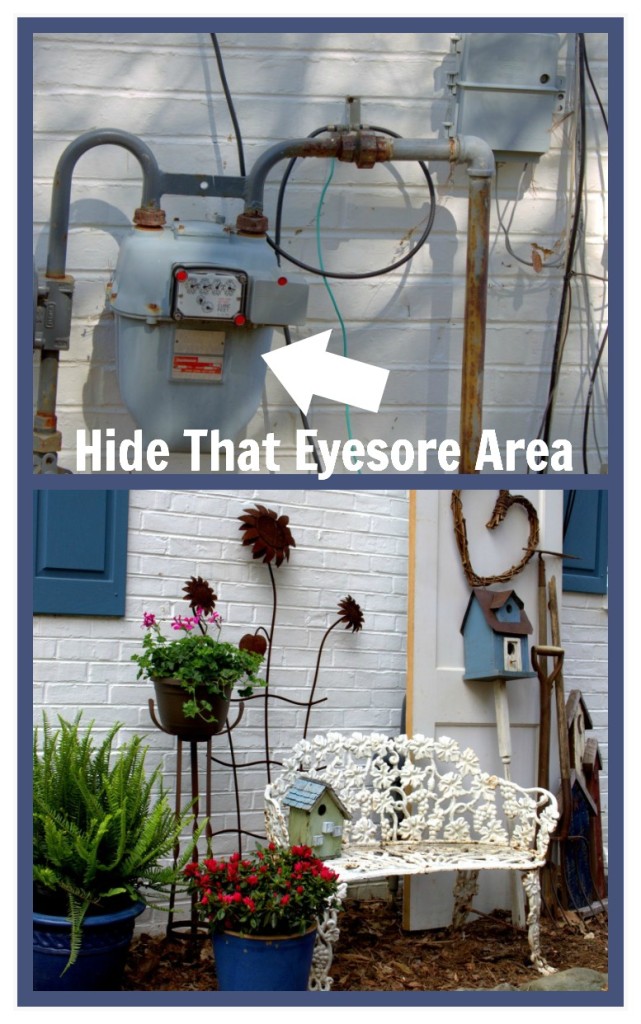 Hide that eyesore area with a country cottage vignette! https://ourfairfieldhomeandgarden.com/curb-appeal-hiding-an-eyesore-in-the-garden/